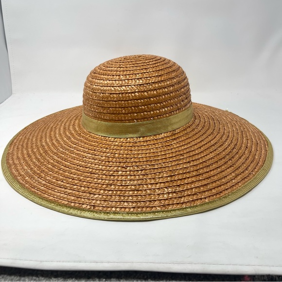 Vintage Wide Brim Straw Hat | Metallic Gold Ribbon Trim Sun Hat | Boho Resort - Picture 8 of 9
